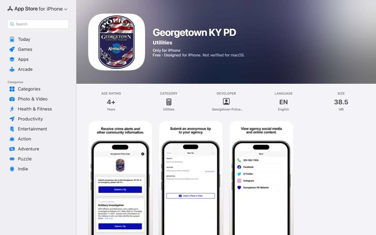 Scott County warrant records Georgetown KY PD iOS app listing