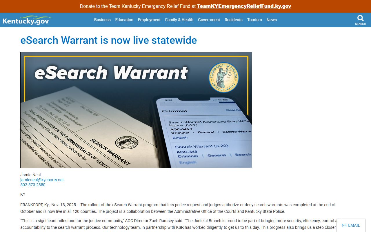 Scott County warrant records Kentucky eSearch Warrant statewide launch